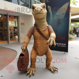 Rust Komodo Dragon mascot costume character dressed with a Sheath Dress and Handbags