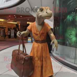 Rust Komodo Dragon mascot costume character dressed with a Sheath Dress and Handbags