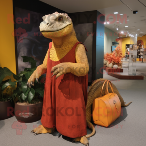 Rust Komodo Dragon mascot costume character dressed with a Sheath Dress and Handbags