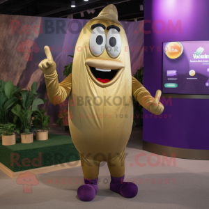 Gold Eggplant mascot costume character dressed with a Tank Top and Lapel pins