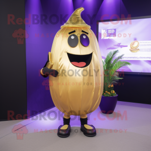 Gold Eggplant mascot costume character dressed with a Tank Top and Lapel pins