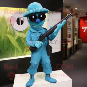 Cyan Sniper mascot costume character dressed with a Capri Pants and Cufflinks