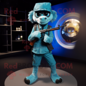 Cyan Sniper mascot costume character dressed with a Capri Pants and Cufflinks