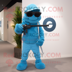 Cyan Sniper mascot costume character dressed with a Capri Pants and Cufflinks