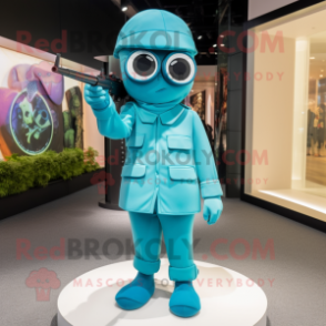 Cyan Sniper mascot costume character dressed with a Capri Pants and Cufflinks