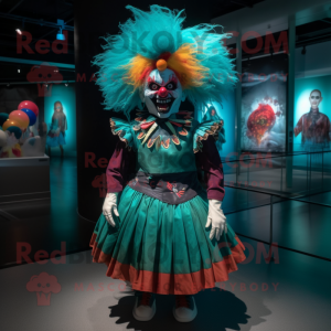Teal Evil Clown mascot costume character dressed with a Mini Skirt and Headbands