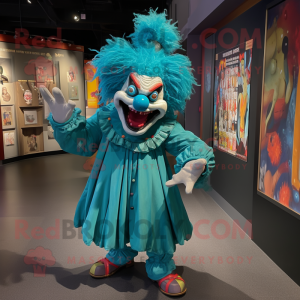 Teal Evil Clown mascot costume character dressed with a Mini Skirt and Headbands