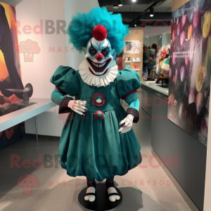 Teal Evil Clown mascot costume character dressed with a Mini Skirt and Headbands