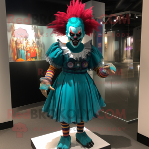 Teal Evil Clown mascot costume character dressed with a Mini Skirt and Headbands