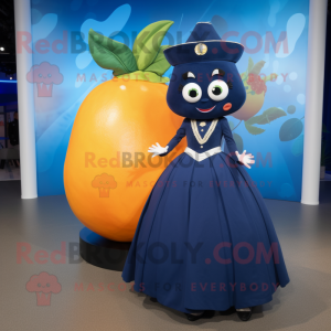 Navy Mango mascot costume character dressed with a Ball Gown and Ties