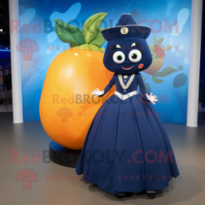 Navy Mango mascot costume character dressed with a Ball Gown and Ties
