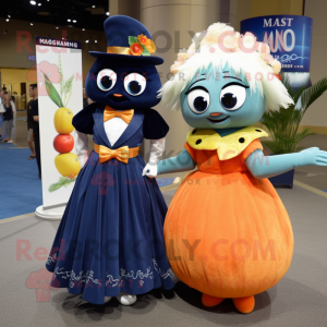 Navy Mango mascot costume character dressed with a Ball Gown and Ties