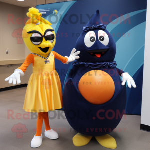 Navy Mango mascot costume character dressed with a Ball Gown and Ties