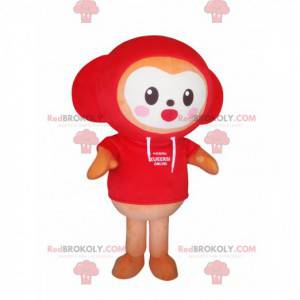 Piccolo personaggio mascotte con una felpa con cappuccio rossa.