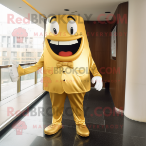 Gold Steak mascot costume character dressed with a Suit Pants and Shoe clips