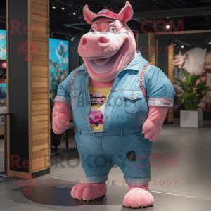 Pink Rhinoceros mascot costume character dressed with a Denim Shorts and Rings