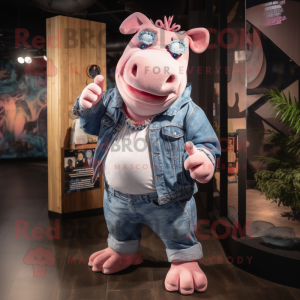 Pink Rhinoceros mascot costume character dressed with a Denim Shorts and Rings