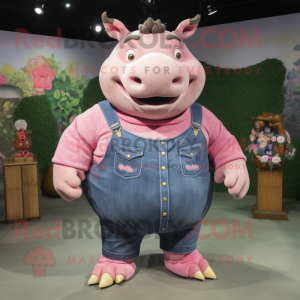 Pink Rhinoceros mascot costume character dressed with a Denim Shorts and Rings