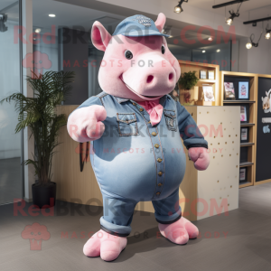 Pink Rhinoceros mascot costume character dressed with a Denim Shorts and Rings