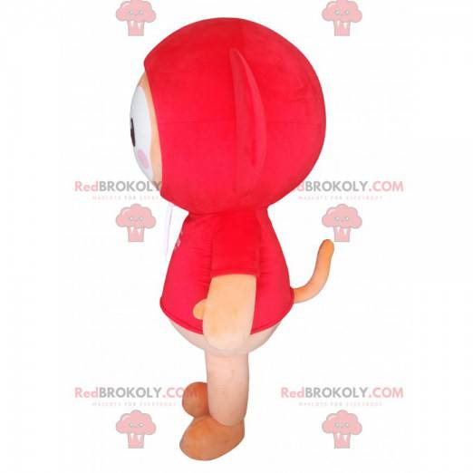 Piccolo personaggio mascotte con una felpa con cappuccio rossa.