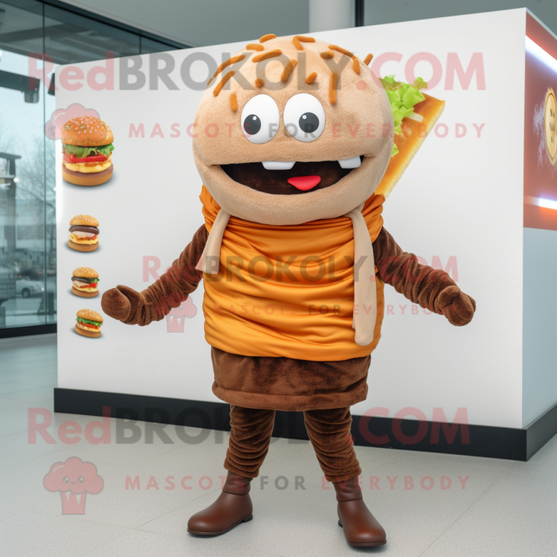 Brown Hamburger mascot costume character dressed with a Sweatshirt and Scarf clips Brown Hamburger mascot costume character dressed with a Sweatshirt and Scarf clips