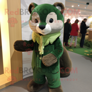 Green Marten mascot costume character dressed with a Corduroy Pants and Scarves