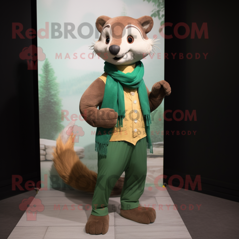 Green Marten mascot costume character dressed with a Corduroy Pants and Scarves