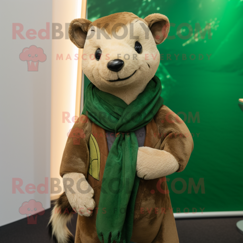 Green Marten mascot costume character dressed with a Corduroy Pants and Scarves