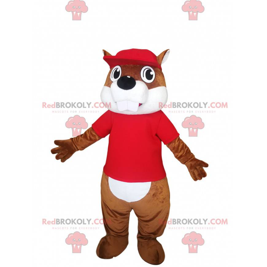 Castoro marrone mascotte con una maglia rossa. - Redbrokoly.com