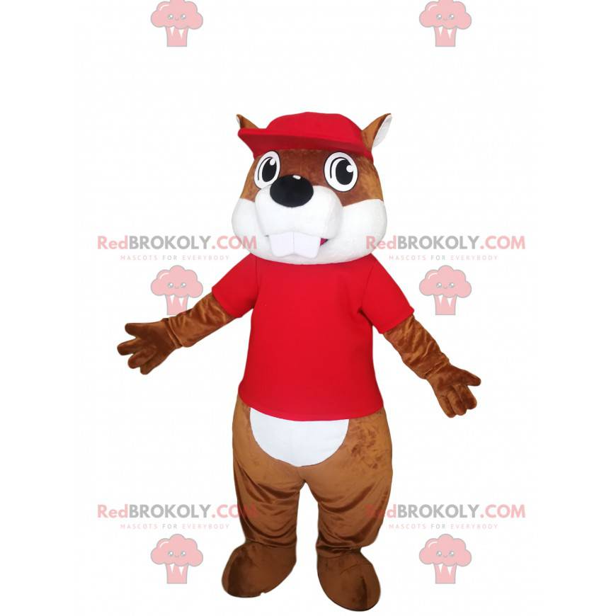 Mascotte de castor marron avec un maillot rouge. -