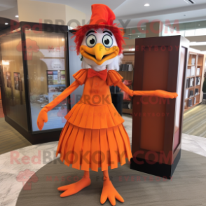 Orange Stilt Walker mascot costume character dressed with a Pleated Skirt and Wallets