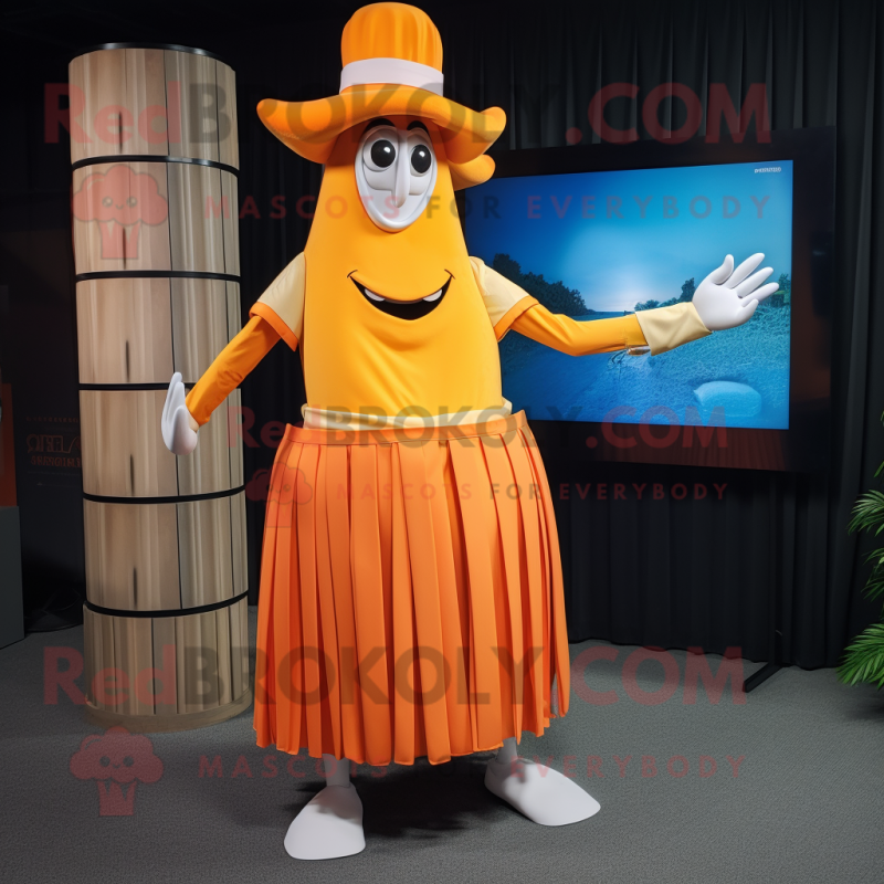 Orange Stilt Walker mascot costume character dressed with a Pleated Skirt and Wallets