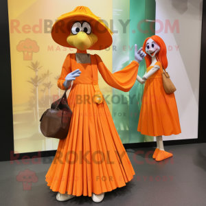 Orange Stilt Walker mascot costume character dressed with a Pleated Skirt and Wallets