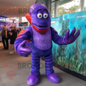 Purple Lobster mascot costume character dressed with a Suit and Mittens