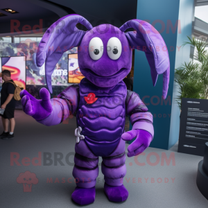 Purple Lobster mascot costume character dressed with a Suit and Mittens