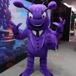 Purple Lobster mascot costume character dressed with a Suit and Mittens