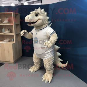 Cream Ankylosaurus mascot costume character dressed with a T-Shirt and Foot pads