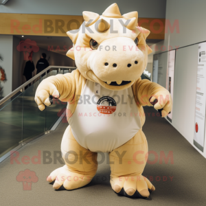 Cream Ankylosaurus mascot costume character dressed with a T-Shirt and Foot pads
