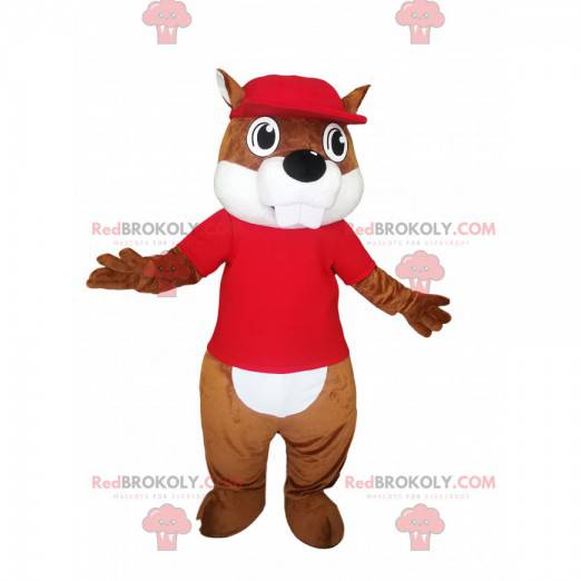 Mascotbrun bæver med rød trøje. - Redbrokoly.com