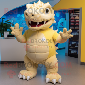 Cream Ankylosaurus mascot costume character dressed with a T-Shirt and Foot pads