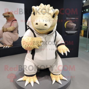 Cream Ankylosaurus mascot costume character dressed with a T-Shirt and Foot pads