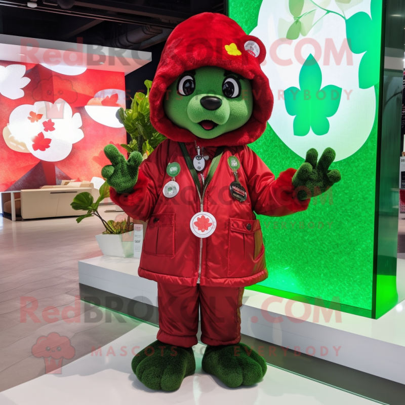 Red Four Leaf Clover mascot costume character dressed with a Parka and Necklaces