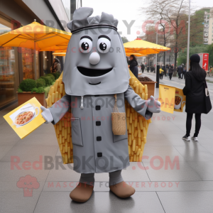 Gray French Fries mascot costume character dressed with a Raincoat and Wallets