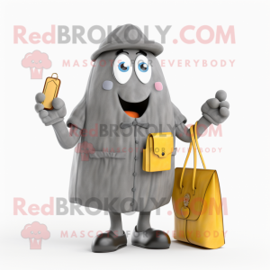 Gray French Fries mascot costume character dressed with a Raincoat and Wallets