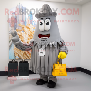 Gray French Fries mascot costume character dressed with a Raincoat and Wallets