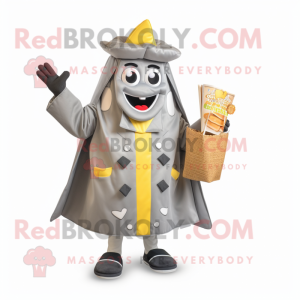 Gray French Fries mascot costume character dressed with a Raincoat and Wallets