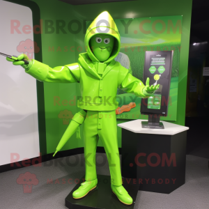 Lime Green Knife Thrower mascot costume character dressed with a Raincoat and Briefcases