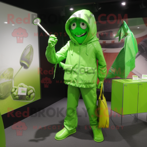Lime Green Knife Thrower mascot costume character dressed with a Raincoat and Briefcases
