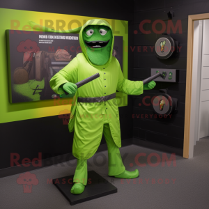 Lime Green Knife Thrower mascot costume character dressed with a Raincoat and Briefcases