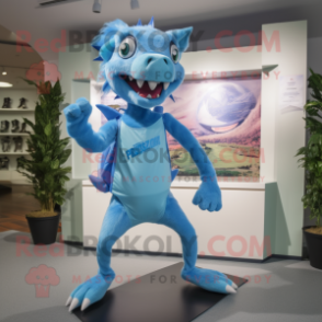 Sky Blue Chupacabra mascot costume character dressed with a Running Shorts and Caps